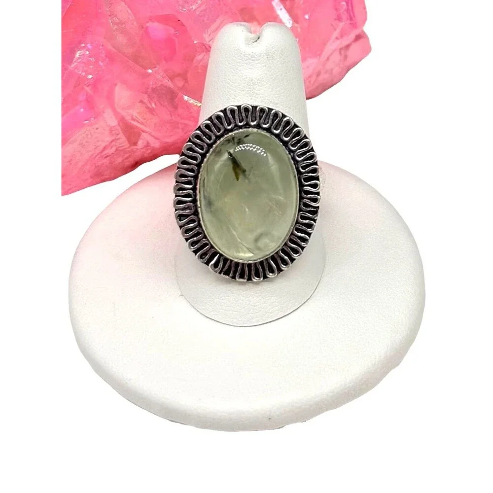 Moss Prehnite Ring Size 9 925 Sterling Silver Overlay